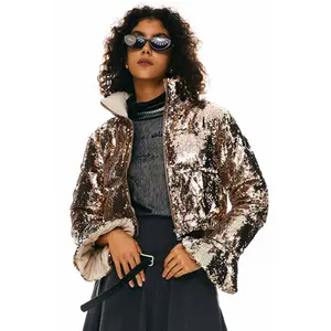 Orolay Women's Chic Ultra Short Shiny Sequin Down Coat - Petite Collared Neck Long Sleeve Outerwear Puffer Jacket with Ruffle Sleeves for Evening Parties