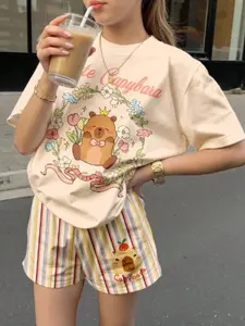 Summer 2-Piece Set Cute Capybara Print Teen Girls Casual Minimal Short Sleeve Top Shorts Set, Vintage Street Style, Comfortable Fashion