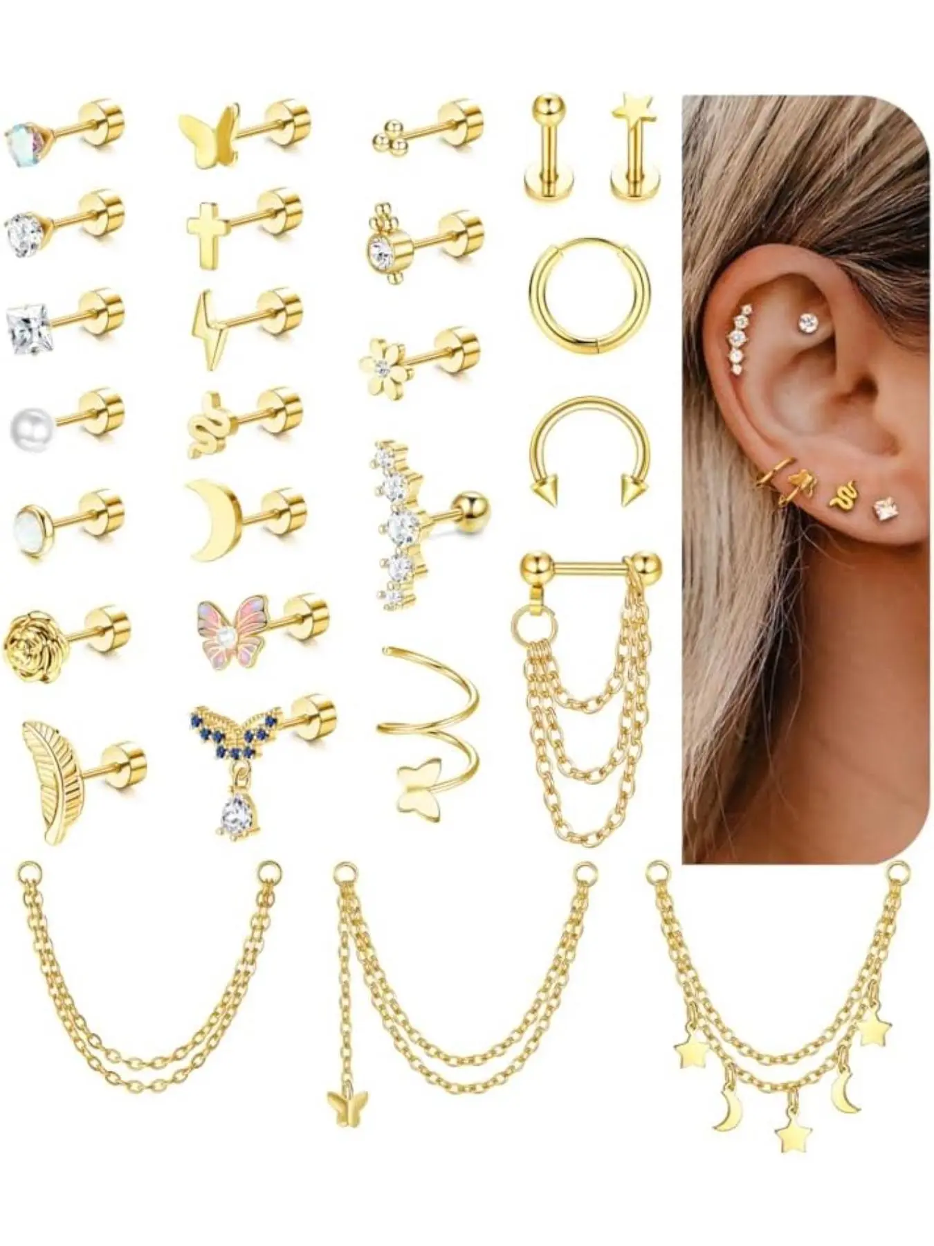 Fashionable Earrings Set, 27pcs Mixed Earring Stacking Set for Multiple Piercing, Dainty Chain Dangle Piercing Jewelry for Women, Dangly Earrings, Ear Studs, Fashionable Jewelry Accessories