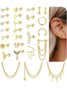 Fashionable Earrings Set, 27pcs Mixed Earring Stacking Set for Multiple Piercing, Dainty Chain Dangle Piercing Jewelry for Women, Ear Studs