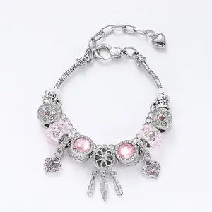 Womens Cute Pink Fashion Beaded Bracelet, Personalized Adjustable Heart Charm Bracelet, Gift Bracelet Jewelry for Women and Girls