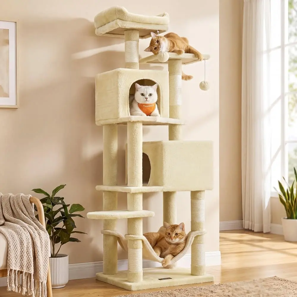 Cat Tree, 59.5-Inch Tall Cat Tower, Plush Multi-Level Condo with 5 Scratching Posts, 2 Perches, 2 Caves, Hammock, 2 Pompoms,