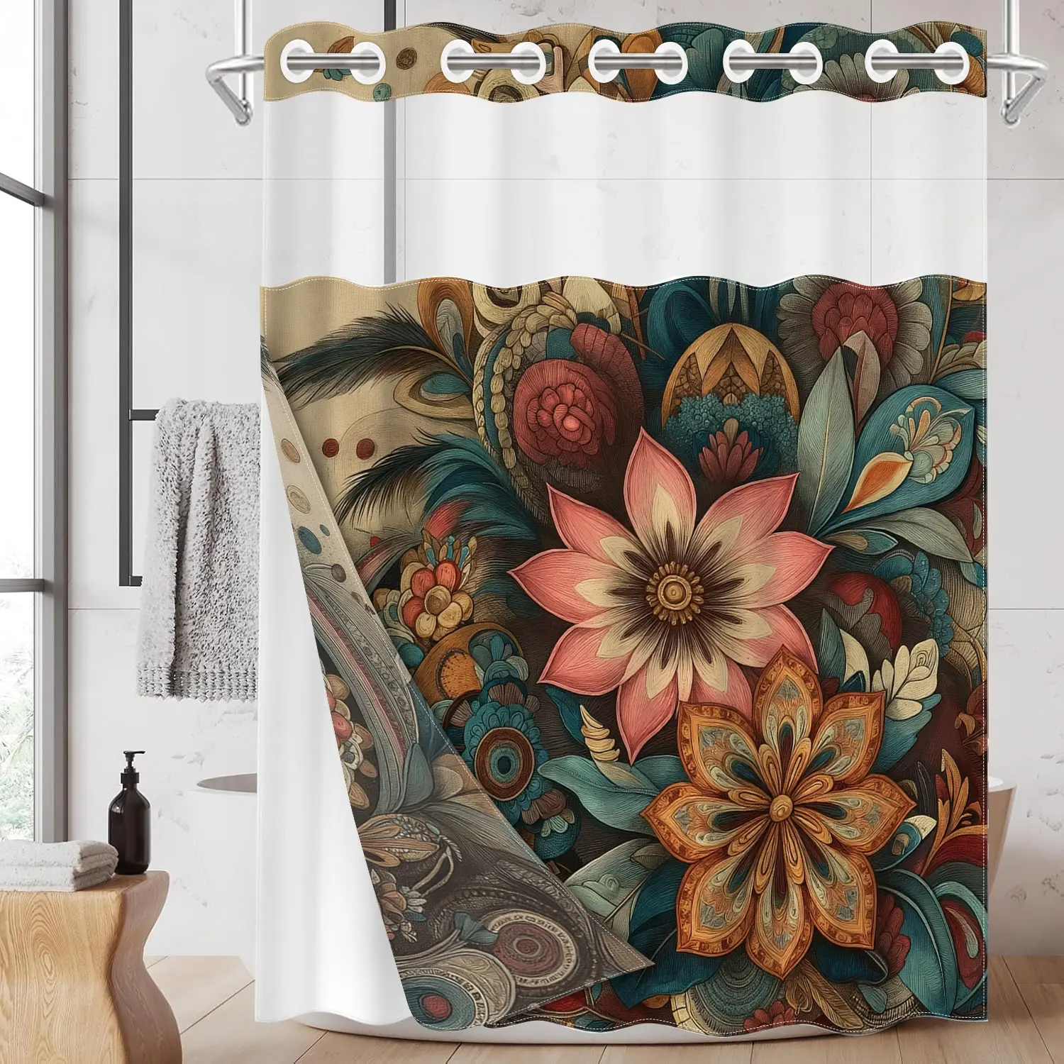 1pc 2D Flat Printing hookless shower curtain liner Retro-style Floral Pattern Fabric waterproof lining shower curtain with transparent window, double-layer shower curtain, Decorative Shower Curtain, Bathroom shower curtain, 71 x 74 inches