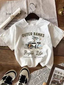 Outer Banks Pogue Life Paradise On Earth Graphic T-Shirt, Vintage Beach Van Surf Print Tee, Oversized 【100% cotton】 Shirt, Retro Coastal Vacation Style Short Sleeve Top, Boho Beachy Cotton Tee for OBX Fans and Summer Travel Outfits