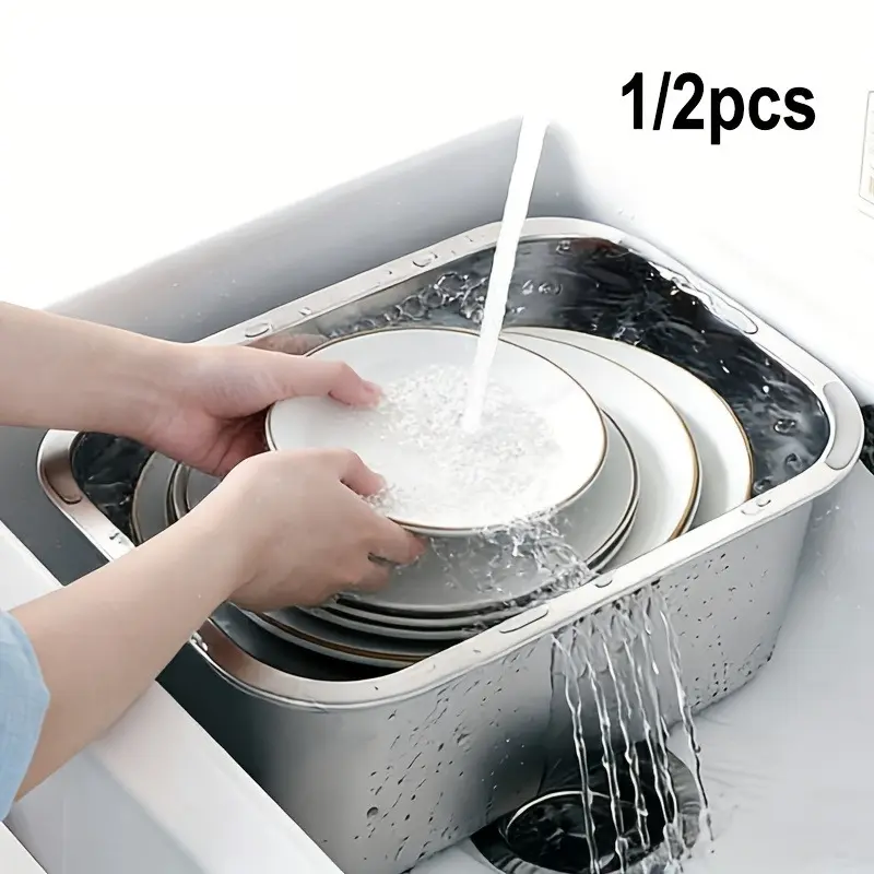 1/2pcs 304 Stainless Steel Dishwashing Basin/Drainer Basket, Large Capacity Multi-Functional Metal Sink, Suitable for Kitchen Sinks, Can Be Used for Washing Dishes And Kitchen Accessories.