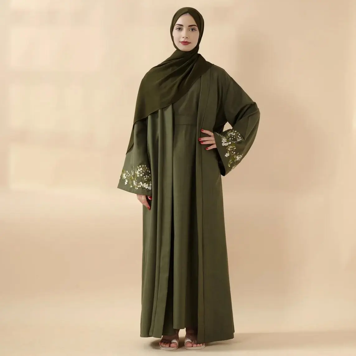 Olive Branch Embroidered Linen Abaya Set | 4-Piece Handmade Design | Jasmine & abaya coats | Symbol of Peace & Resilience | Includes Open Abaya, Inner Dress, Hijab, Belt | Modest Fashion | Full-Length, Wide Sleeves | Perfect for Weddings elega, Modest Fas