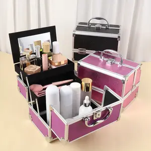 Cosmetic Storage Box, Aluminum Alloy Organizer, Large Capacity with Mirror, Essential Makeup Case, Multi-Layer Small Tool Holder