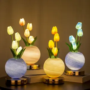 Tulip LED "Planet Pot" Ornament — Tulip Night Light, Bedroom Bedside Mood Lamp, Faux Flower Bouquet Decorative Table Lamp — A Gift for Friends