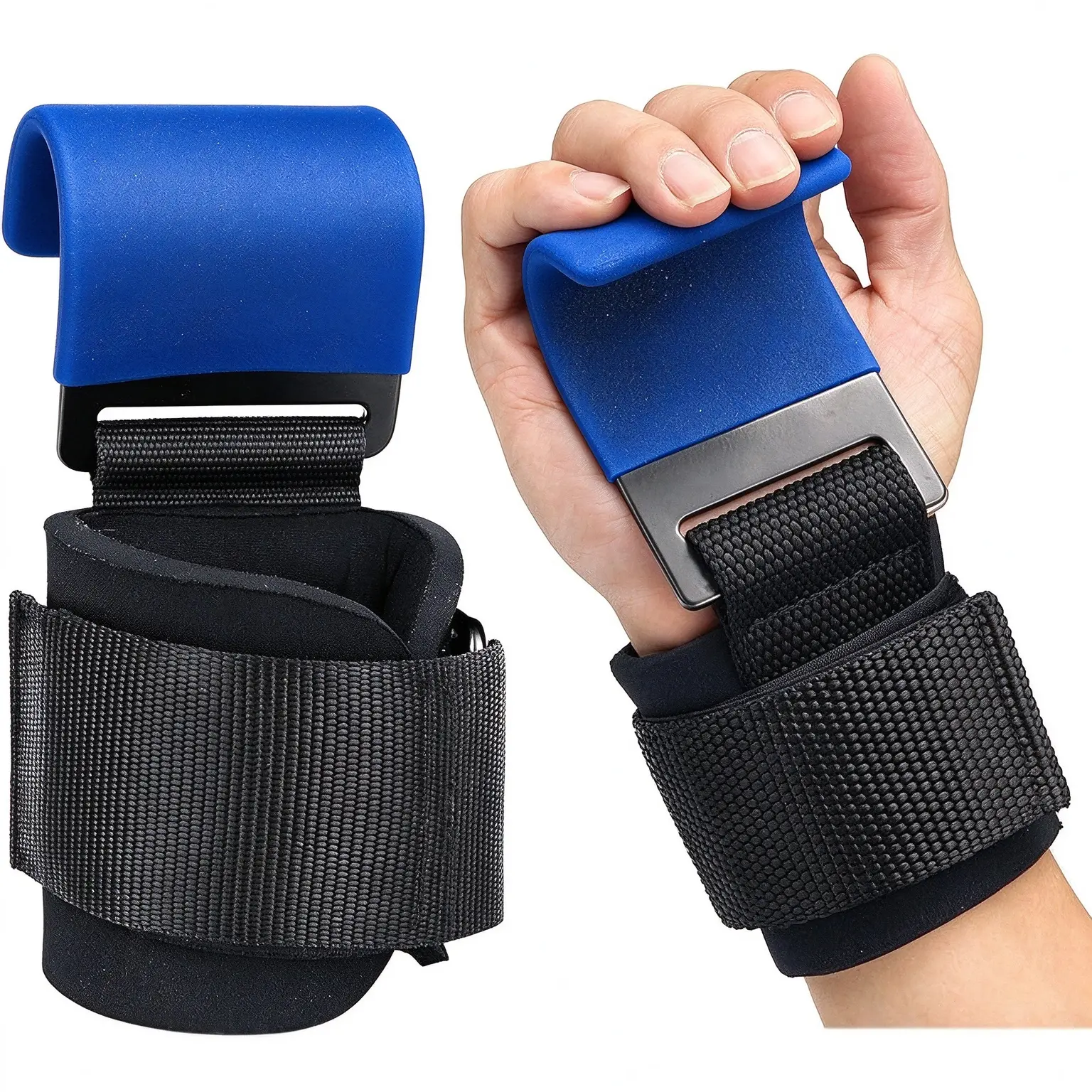 Weight Lifting Hooks, Coated Steel Gym Grips with Adjustable Padded Wrist Straps for Deadlifts, Pull-Ups, Rows and Shrugs, Blue, 1 Pair