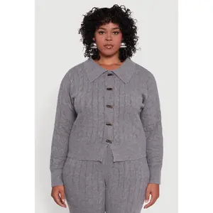 Plus Size Cable Knit Button Front Cardigan