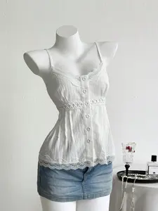 Women's Summer Lace Splicing Spaghetti Strap Hollow Out Backless Top, Loose-Fitting Sweet Style, Perfect for Casual Wear & Daily Use