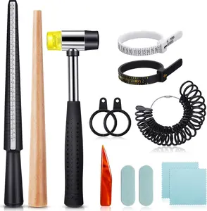 11PCS Metal Us UK Ring Mandrel Set, Size 1-13 with Half Size Ring Sizer Gauge Jewelry Mandrel Jewelry Hammer Adjuster Polishing Cloth Polishing Stick Polished Agate Knife Measuring Tool (Black)