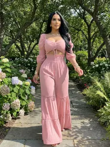 Square Neck Two-Piece Set, Drawstring Hollow Out High Waist Wide Leg, Vacation Commute Ready, French Chic Spring Summer Essential