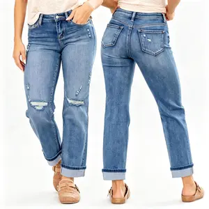 Women's Mid Rise Light Wash Cropped Bootcut Jeans, Distressed Ripped Frayed Rolled Cuff Casual Daily Streetwear Denim Pants