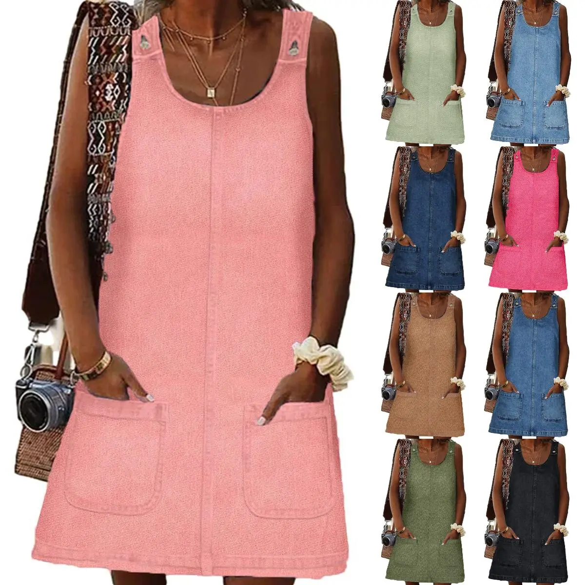 Beotyshow Women's Sleeveless Casual Denim Dress Crewneck Vintage Overall Mini Dress with Pockets