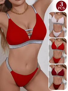 Sparkle Lingerie Set, European Style Sexy, 3 Sets Recommended, Glitter Waist Belt, Party, Holiday Wear, Underwear Women