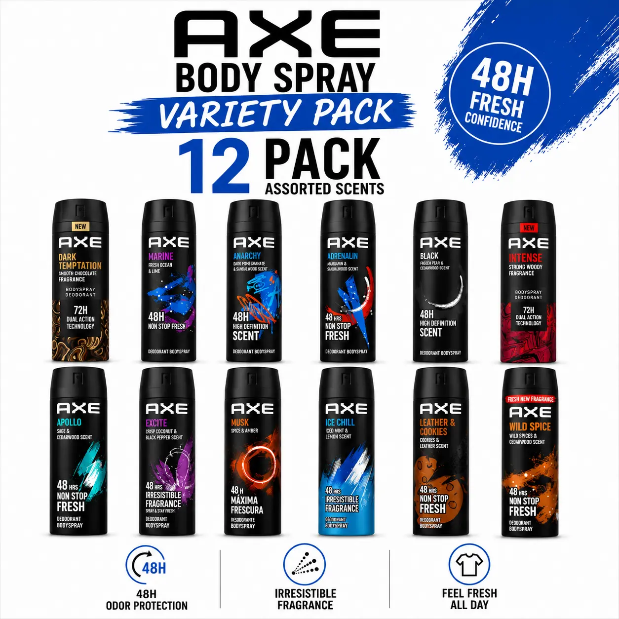 AXE body Spray for MEN Variety Pack 150 ml-12 Pack Assorted Scents