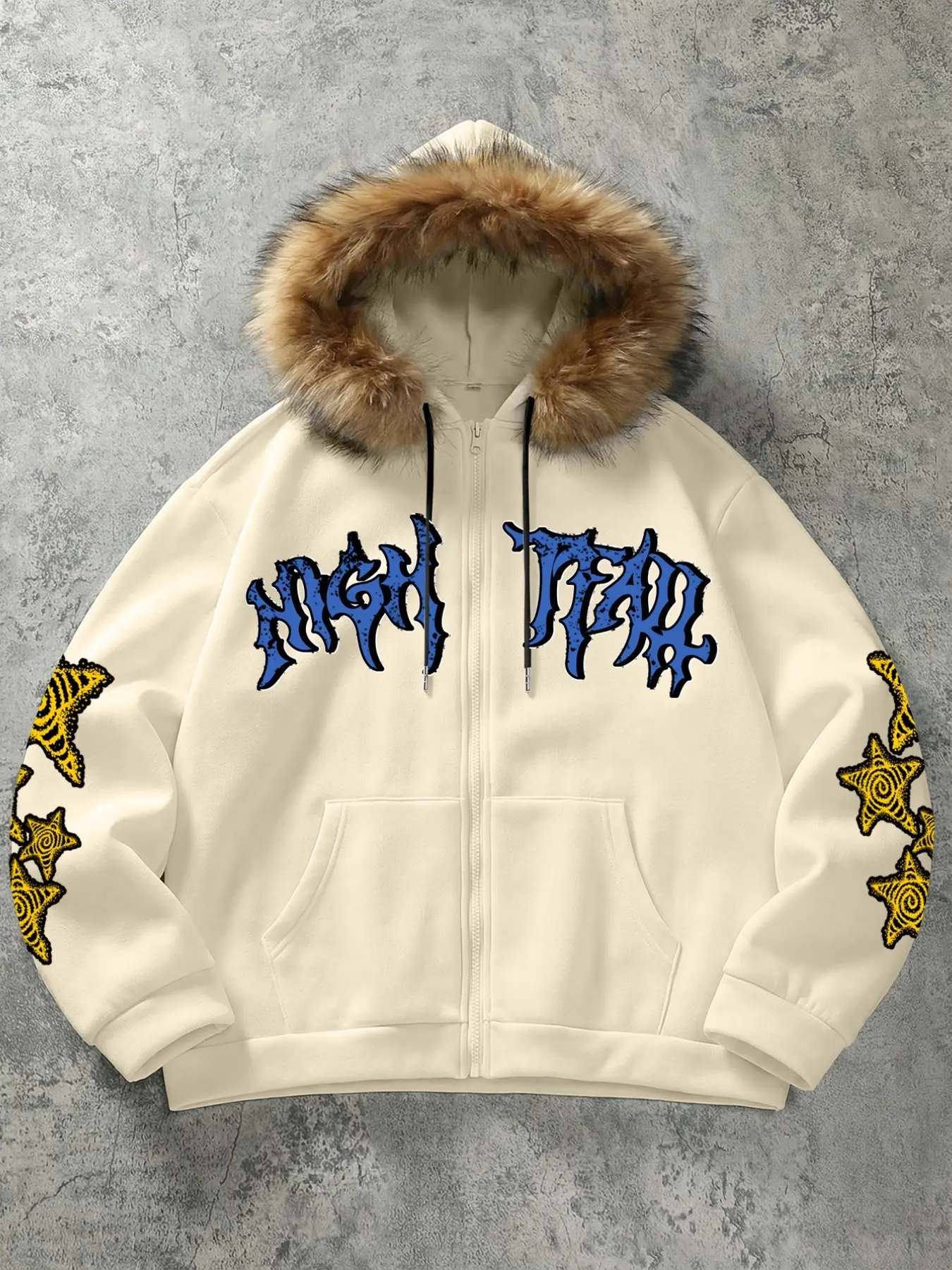 Men's Y2K Gothic Skull Graphic Zip-Up Hoodie - Faux Fur Trim