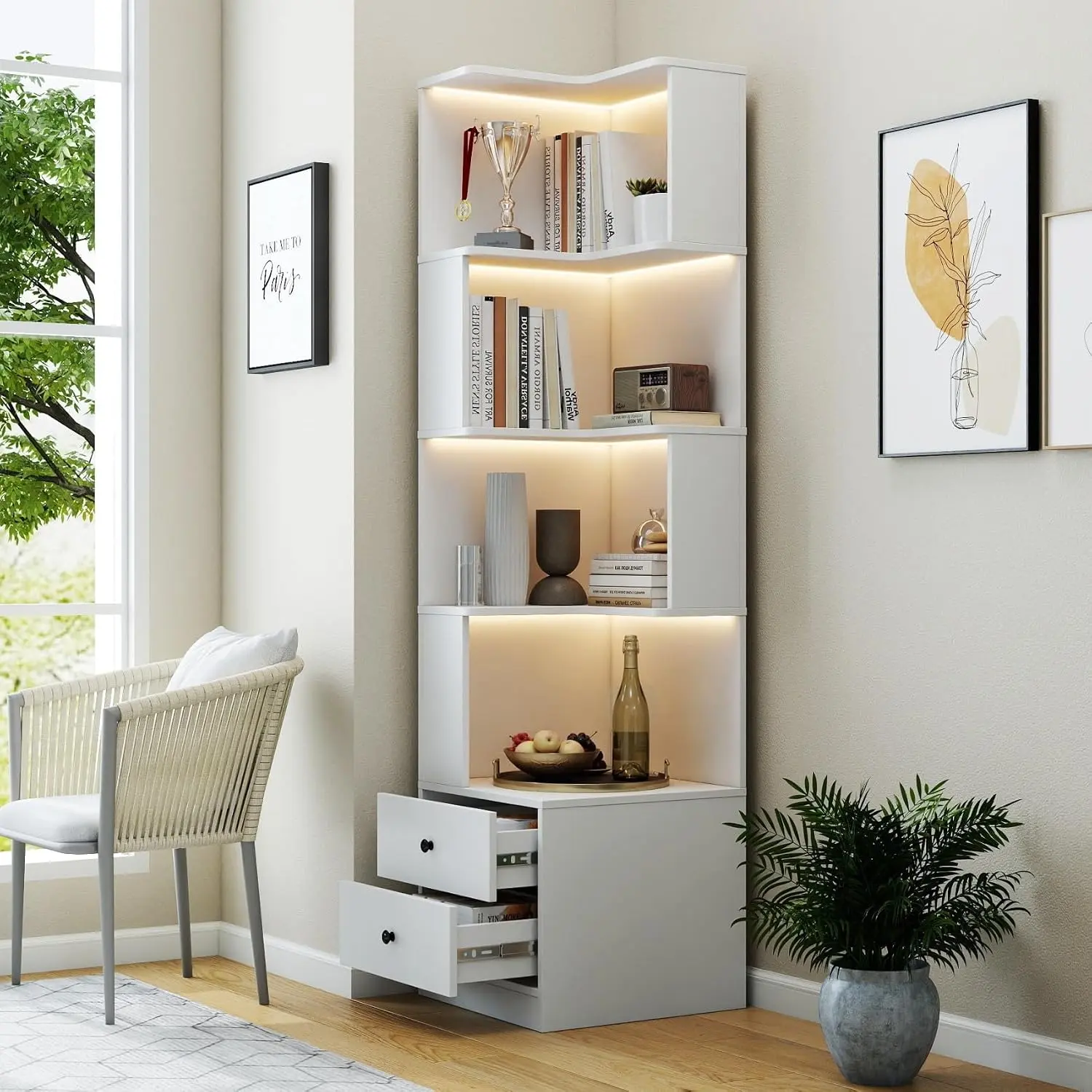 White 4-Tier L-Shaped Freestanding Wood Corner Shelf with Drawers, LED Lighting, Baffle - Multifunctional Furniture for Small Spaces, Shelves for Bedroom, Living Room, Dining Room Bookshelf, Led Lighting For Visual Impact