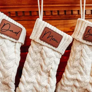 Personalized Cable Knit Stockings for Christmas, Stockings with Leather Patch, Stockings with Names, with Name Tags, Knit White Stockings Chirstams Chirstams