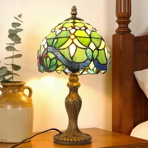 14.7 Inch Tiffany Style Green Stained Glass Table Lamp, 7.9" Baroque Floral Shade, Bronze Base, Warm Light for Bedroom Living Room