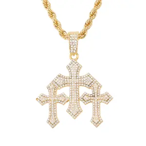 Men's Large Triple Cross Pendant with 5mm Cuban Necklace – Gold/Silver Tone Fashion Jewelry