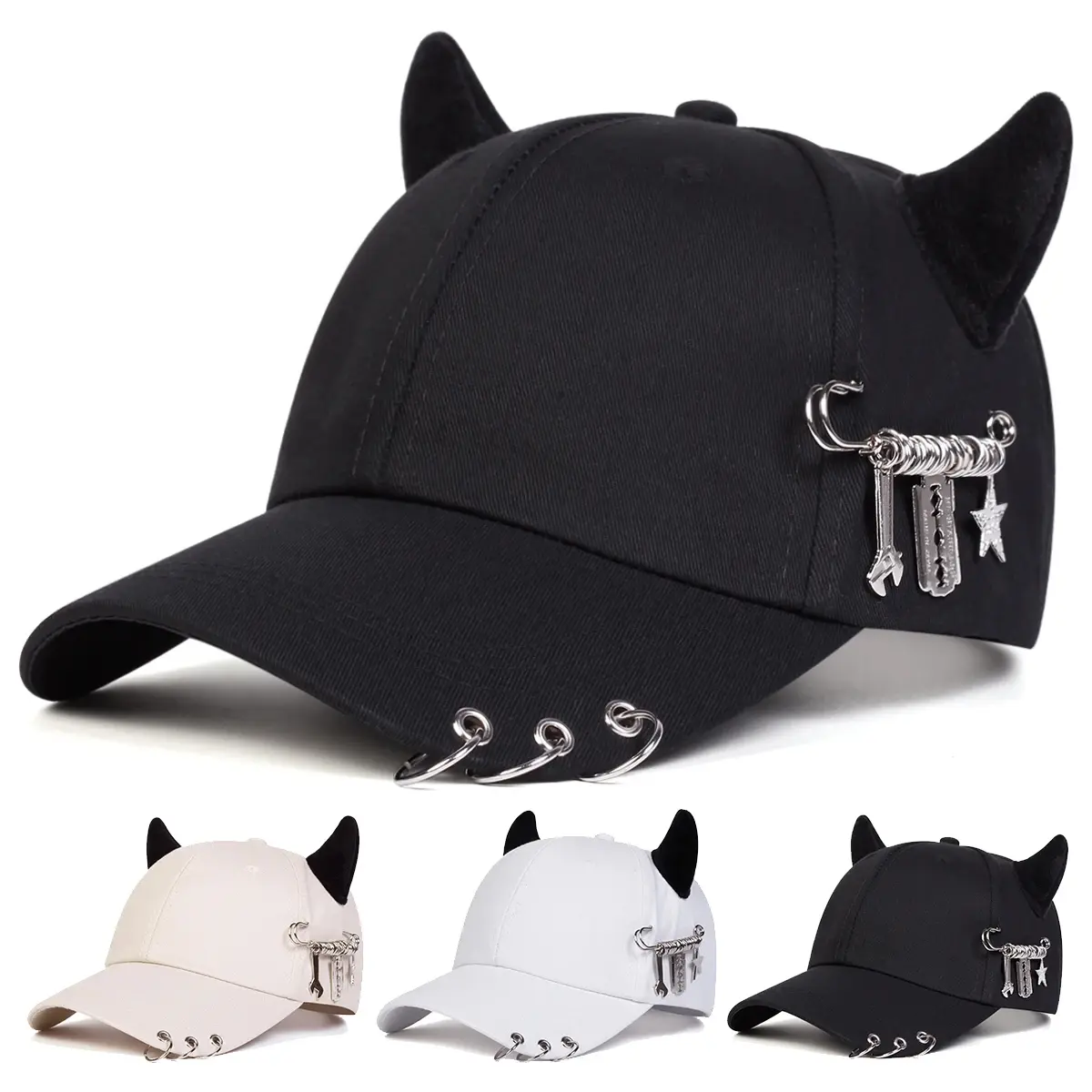 Gothic Devil Horns Black Baseball Cap - Unisex Adjustable Stylish Snapback Hat with Metal Rings and Tool Charms, All-Season Black Hat for Hip-Hop Streetwear Looks, Adjustable Stylish Hat