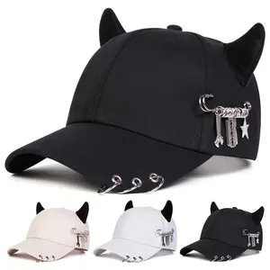 Gothic Devil Horns Black Baseball Cap - Unisex Adjustable Stylish Snapback Hat with Metal Rings and Tool Charms, All-Season Black Hat for Hip-Hop Streetwear Looks, Adjustable Stylish Hat,summerwins