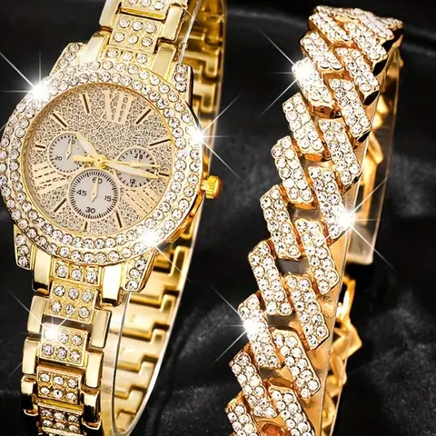 Elegant Women's Stainless Steel Set, Rhinestone Decorated Watch, Rhinestone Embellished Watch, Fashionable Rhinestone Dial Quartz Watches, Perfect Gift for Holidays & Daily Wear, Fashionable Stylish Watch