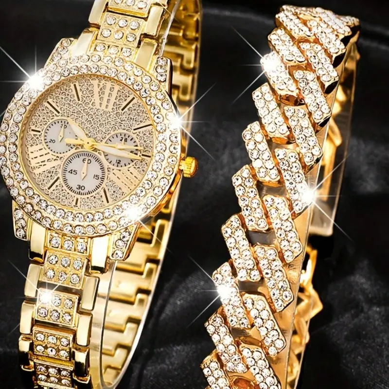 Elegant Women's Stainless Steel Set, Rhinestone Decorated Watch, Rhinestone Embellished Watch, Fashionable Rhinestone Dial Quartz Watches, Perfect Gift for Holidays & Daily Wear, Fashionable Stylish Watch