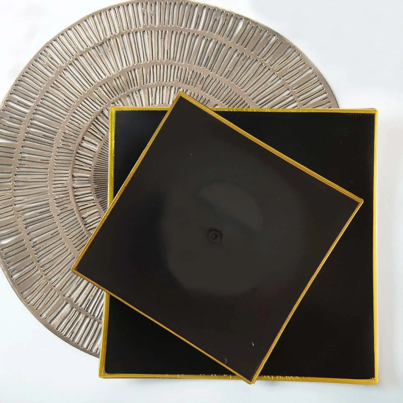 10-Pack Plastic 8" Square Dessert Plates in Black Concave Style with Gold Rim - Modern Disposable Salad Appetizer Party Plates