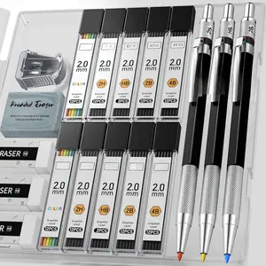 3 Count 2MM Mechanical Pencils with Case, Metal Lead Holder, HB, 2H, 2B, 4B Color, 120 Graphite, 4 Erasers, Sharpener, Drafting Pencil for Drawing