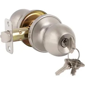 Entry Door Knob with Lock and Key, Exterior and Interior Door Lock for Front Door Commercial and Residential Area, Entry Door Handle for Bedroom and Bathroom, Satin Nickel, 1 Pack