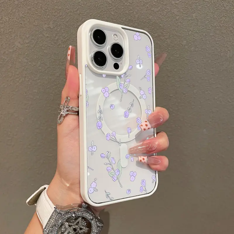 Magnetic Stylish Case for iPhone 17 16 E Pro Max 15 Plus 14 13 12 11 XS XR, Purple Floral Pattern Aesthetic | Shockproof, Silicone, Lightweight, Girly, and Scratch Resistant Protection