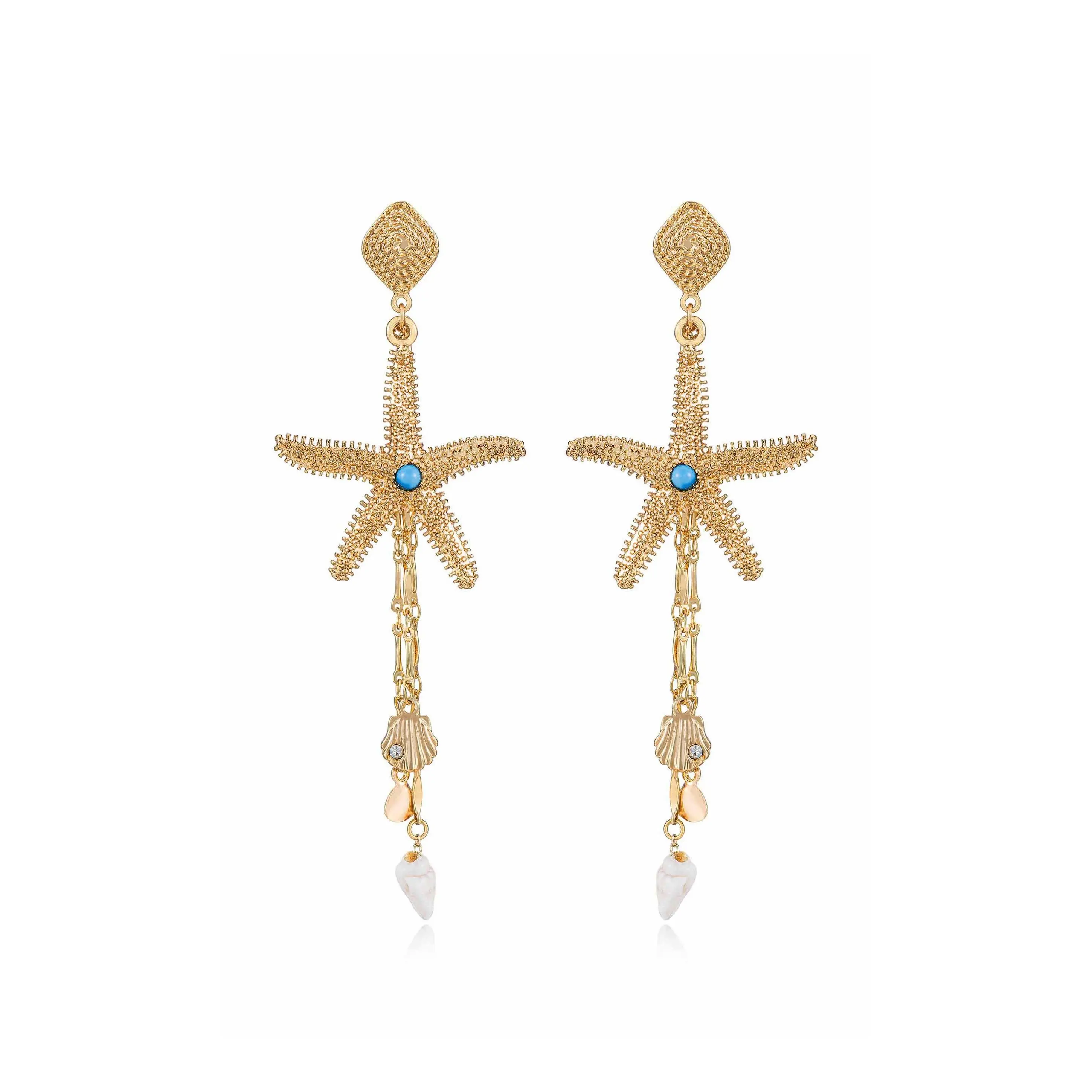 Ettika Starfish Seeker Drop Earrings 18K Gold Plated with Shell & Semi-Precious Stone for Everyday Wear 4.5 Inches Length Post Closure