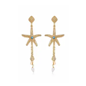 Ettika Starfish Seeker Drop Earrings 18K Gold Plated with Shell & Semi-Precious Stone for Everyday Wear 4.5 Inches Length Post Closure