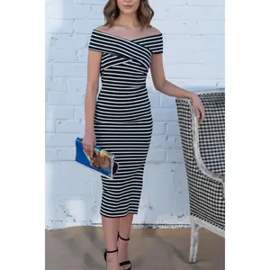 Off Shoulder Stripe Slit Midi Dress