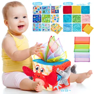 hahaland Baby Tissue Box Toy Marine Life - Montessori Toys for 6 Month Old with Textured Tails, Cloth Tissues, Crinkle, Squeaky Sounds, Mirror - Easter Basket Stuffers for Babies Gifts Sensory Nursery Learning Toddlers Valentine's Day Gift for Kids