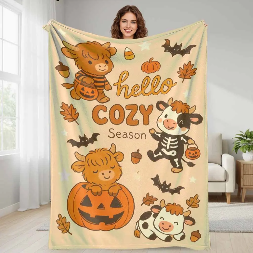 Hello Cozy Season Halloween Cow Flannel Blanket Cute Pumpkin Bat Autumn Leaf Print Soft Warm Lightweight Plush Throw for Sofa Bed Couch Farmhouse Decor Fall Holiday Gift