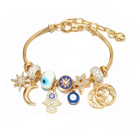 18K Gold Plated Celestial Charm Bracelet for Women | Moon, Hamsa Hand, Evil Eye & Tree of Life Charms Gold Adjustable Chain Fashion Jewelry Gift