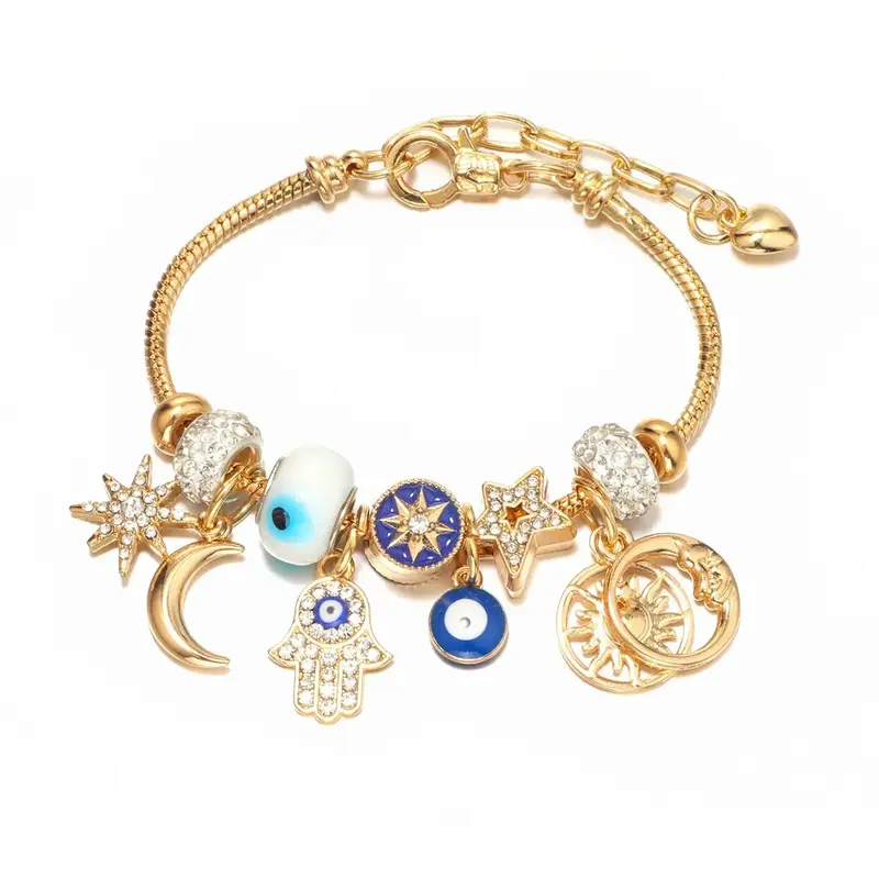 18K Gold Plated Celestial Charm Bracelet for Women | Moon, Hamsa Hand, Evil Eye & Tree of Life Charms Gold Adjustable Chain Fashion Jewelry Gift
