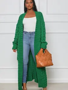 Women's Drop Shoulder Pocket Cable Knit Longline Cardigan, Casual Long Sleeve Open Front Knitwear Knitting for Daily Wear, Ladies Clothes Womenswear for All Seasons, Knit Clothing Daily