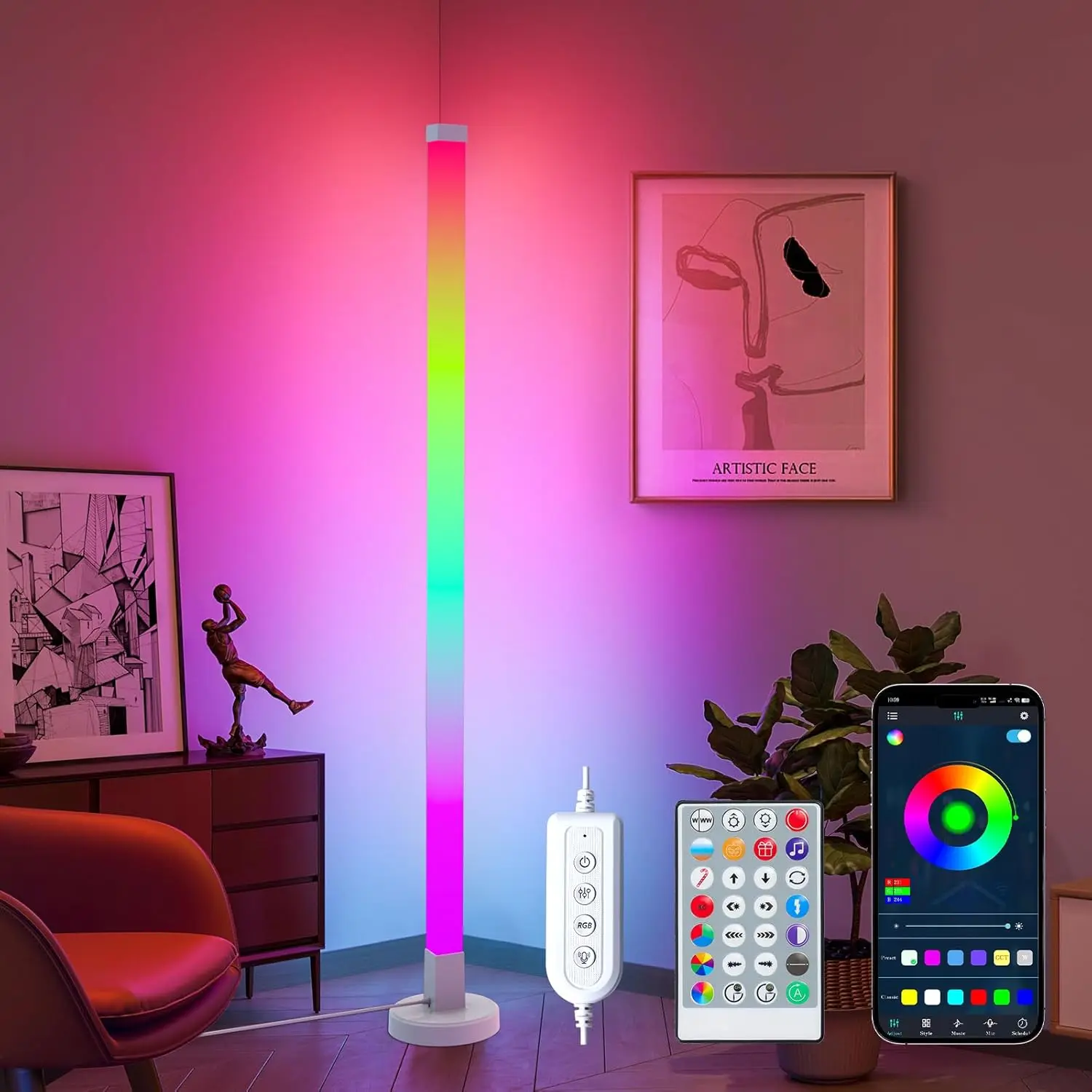 DIY RGB Corner Floor Lamp with Remote Control, 61in (155cm) Smart LED Standing Lamp, Music Sync, 16M Colors, Dimmable Ambient Lighting for Bedroom, Living Room, Home Decoration Light, Dimmable Floor Lamp
