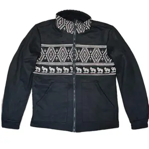 Lamasini Winter Warm Suede Jacket with Wool Western Design Black Diamond Pattern & Zipper Closure Long Sleeve Outerwear