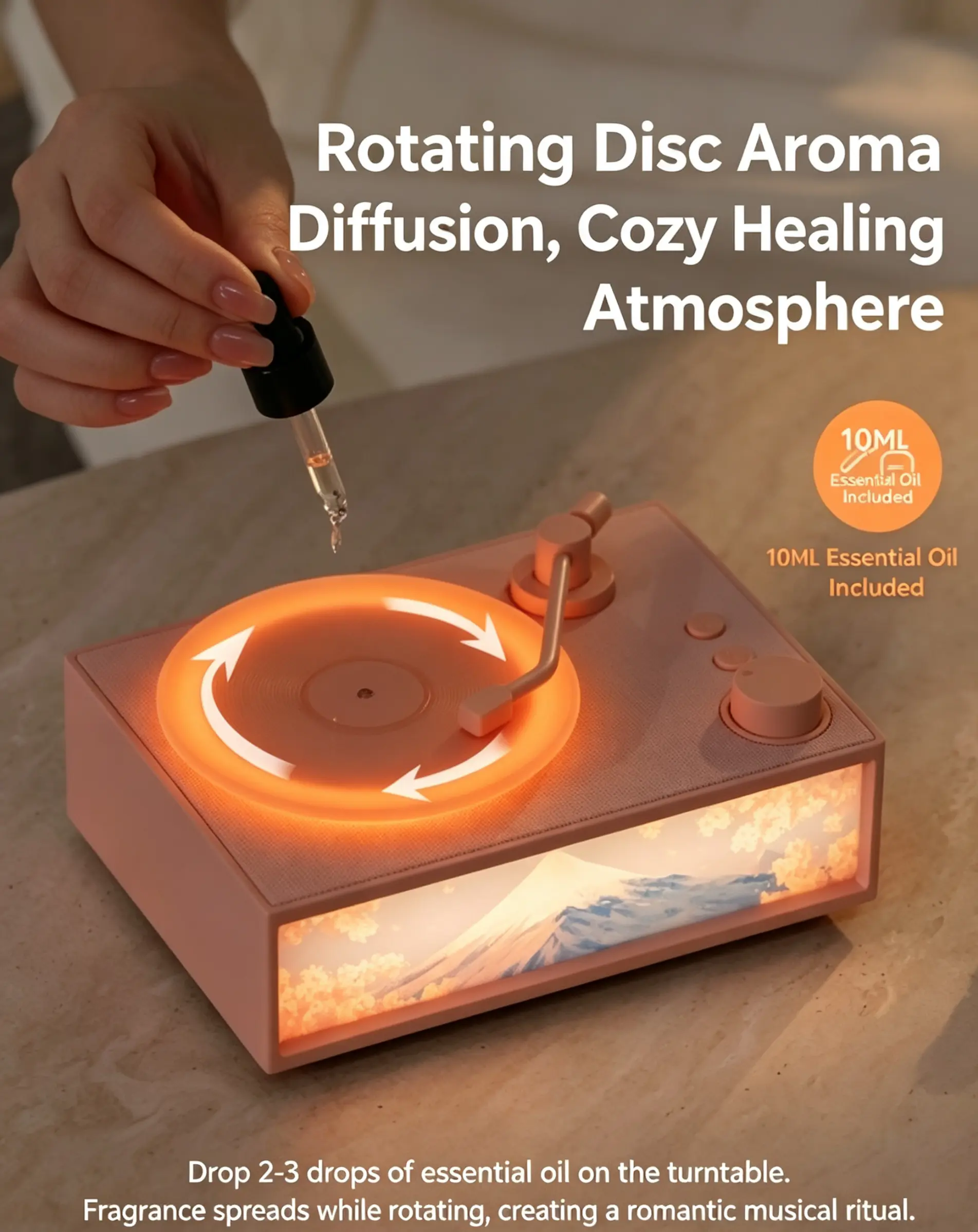 Retro Vinyl Turntable Bluetooth Speaker, Rotating Essential Oil Aroma Diffuser, Warm Ambient Night Light Multi-Functional Desktop Decor Creative Birthday Holiday Gift