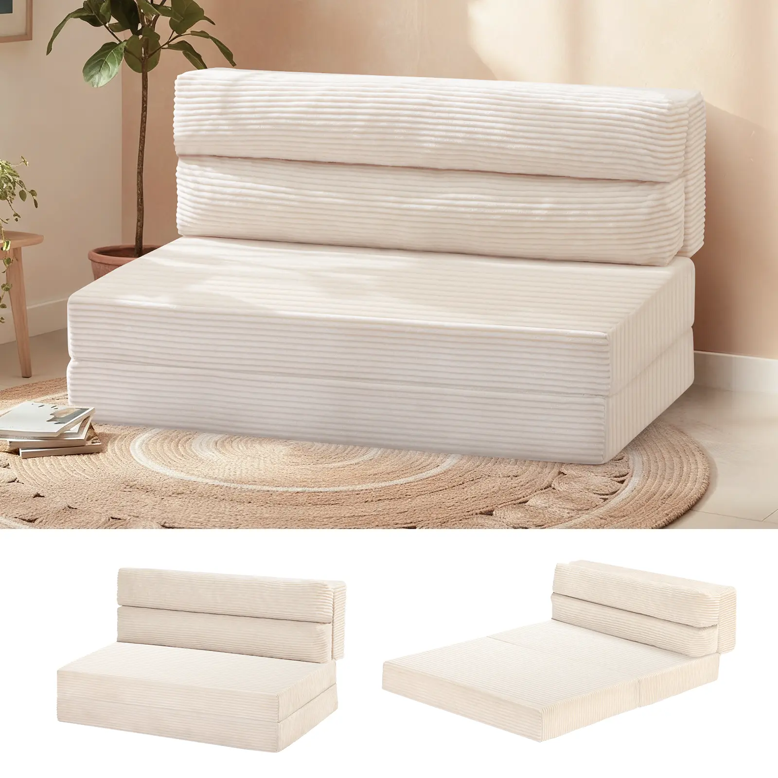 Winzoo Foldable Futon Sofa Bed - Beige Convertible Loveseat with High-Density Foam & Corduroy Fabric, 4-in-1 Body-Friendly Contemporary Cozy Foldable Futon Sets for Living Room, Bedroom, Body-Friendly Futon Sets