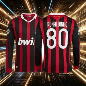 80# Ronaldinho 09 10 Home Red And Black Long Sleeve Soccer Jersey Fans Version