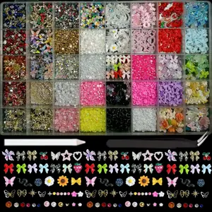 1Box Multiple style Colorful Bow Flower Butterfly Resin Nail Charms Mini Semi-circular Pearl Steel Bead Rhinestone Mixed Decoration DIY Hairpin Phone Cases Nail Accessories Bling rhinestone