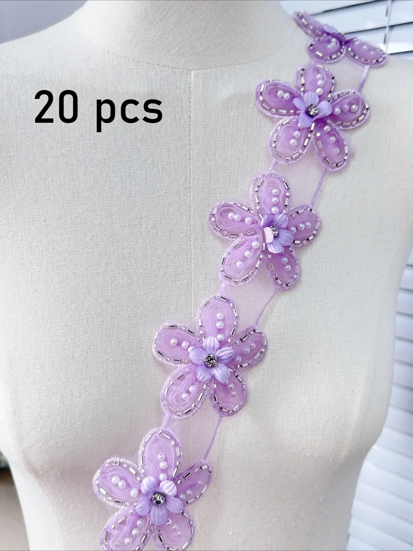 20pcs Mesh Flower Pearl Beaded Dress Decoration DIY Sheer Floral Lace Trim Accessories, Elegant Floral Design for Clothing & Garment Crafting