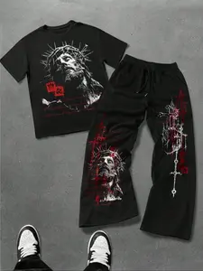 Men's Fashion Casual Two-Piece Set, Jesus & Cross Graphic Print Round Neck Short Sleeve T-Shirt Fabric and Drawstring Wide Leg Trouser Pants Clothes